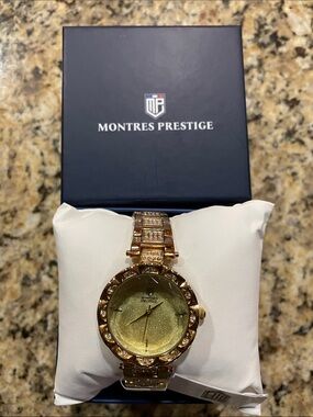 Montres Prestige Women's Gold-Tone Crystal Bracelet Watch